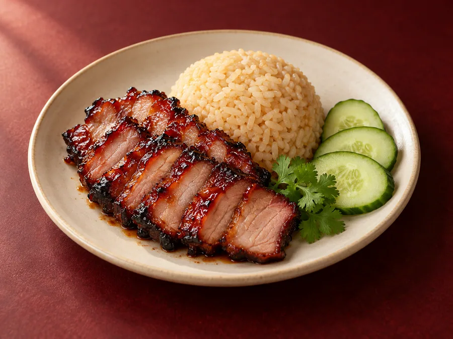 Char siew pork rice with cucumber — illustrative image