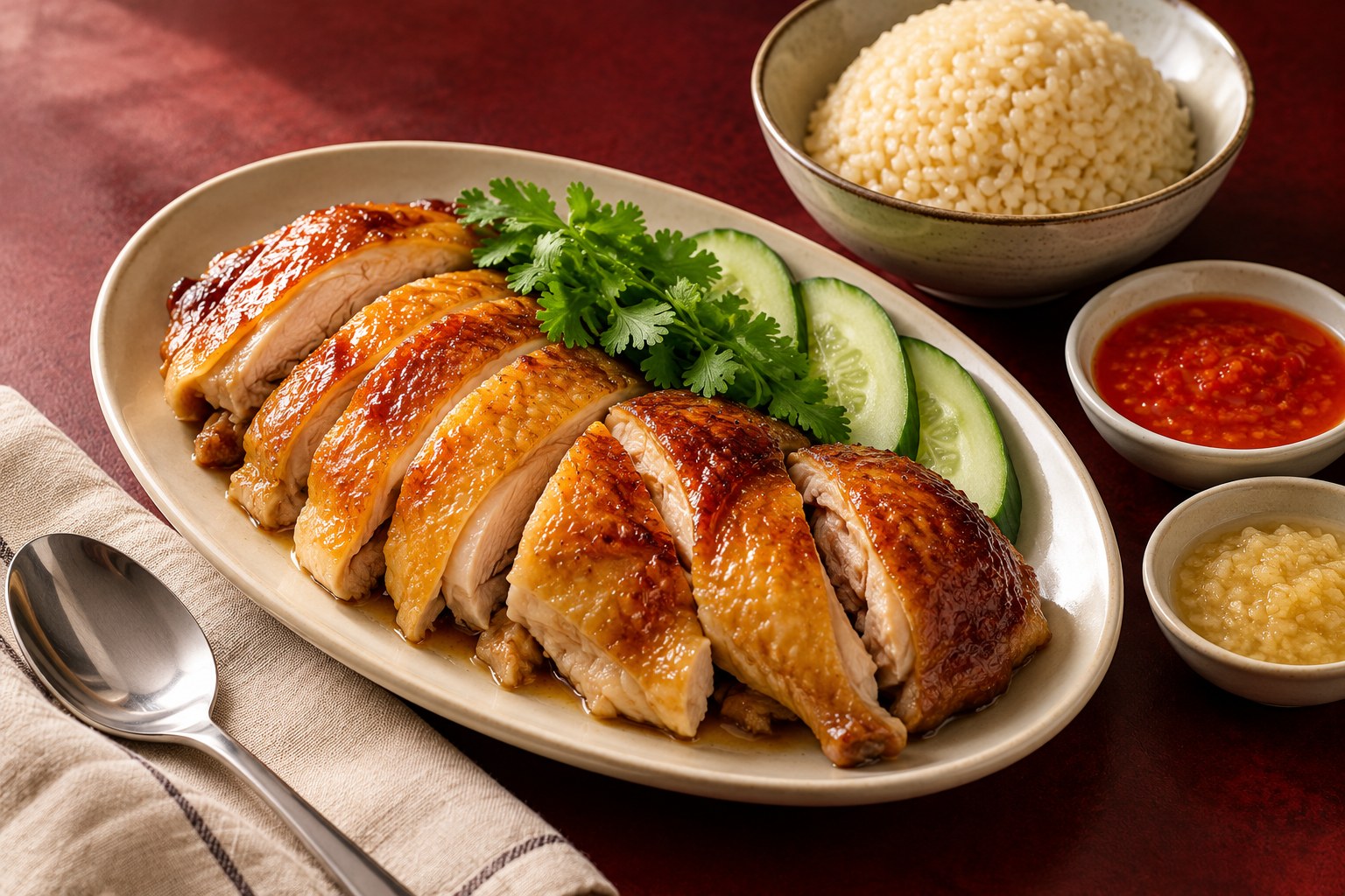 An illustrative serving of golden roasted chicken with rice, cucumber and chilli sauce