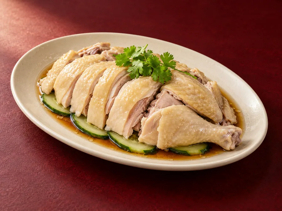 Steamed Hainanese chicken with cucumber and light soy dressing — illustrative image